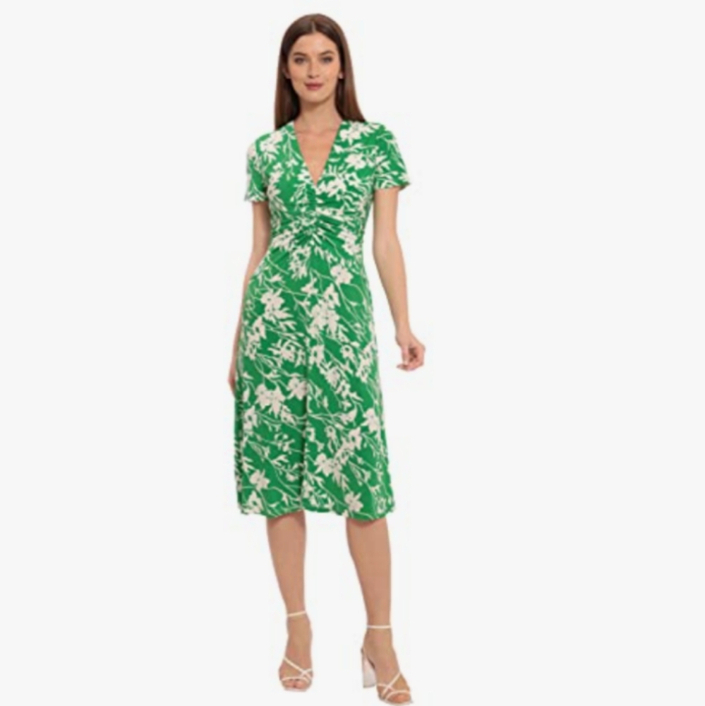 Maggy London V-neck Green And White Floral Midi Dress Size 2
